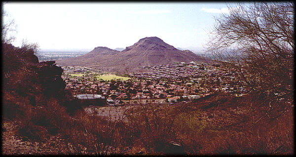 Looking northwest at Lookout Mountain, across Cave Creek Road, in north Phoenix, Arizona.