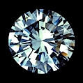 Round brilliant cut diamond face up, showing hearts and arrows